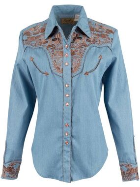 Scully Western Pearl Snap Shirt Denim Blue Copper Embroider Wmns XXL Long Sleeve